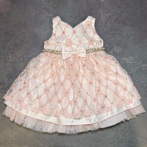 Couture Princess Dress 12-18M Pink Floral Embroidered Bow Formal Party